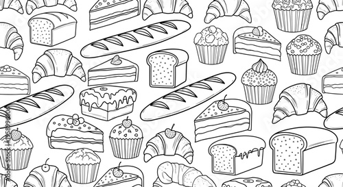 A vector illustration of various types of bread and pastries in a seamless pattern