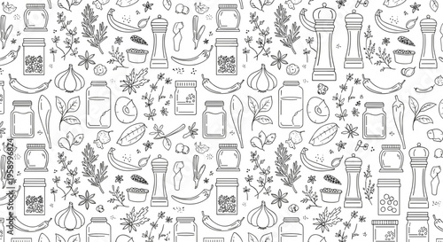 A seamless pattern of kitchen utensils and food items in a minimalist line art style