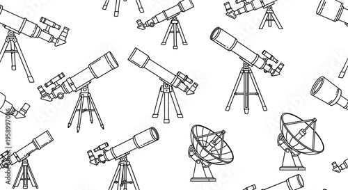 A seamless pattern of various telescopes in a minimalist line art style on a white background