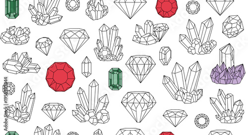 A colorful vector graphic illustration of various precious gemstones and crystals in a flat design style
