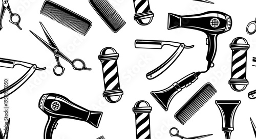 A black and white illustration of various barber tools and equipment on a white background