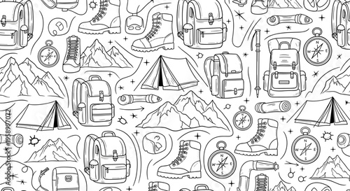A seamless vector graphic illustration of various camping and travel icons in a flat line art style