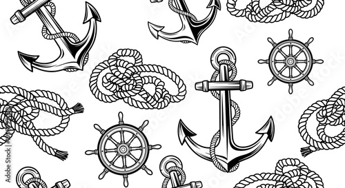 A nautical themed vector graphic featuring anchors and ship wheels on a white background