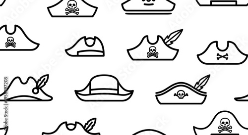 A vector graphic illustration of various pirate hats in a flat minimal design style
