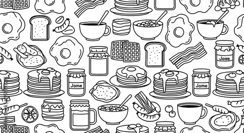 A vector graphic illustration of various breakfast foods and dishes in a flat minimal design style