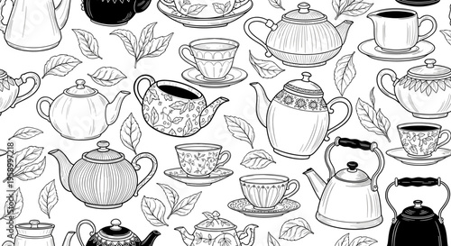 A black and white vector illustration of various tea sets and teapots with leaves on a white background