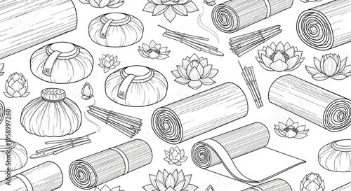 A detailed illustration of various gardening tools and plants in a flat line art style