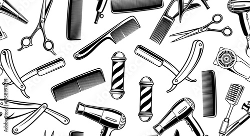 A collection of barber tools and equipment in a flat vector illustration style