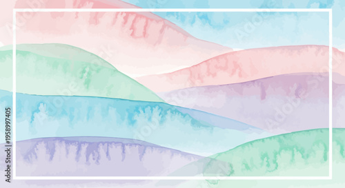 Abstract Watercolor Landscape Background with Pastel Rainbow Colors and White Frame