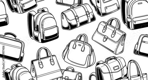 A collection of various handbags and backpacks in a simple line art style