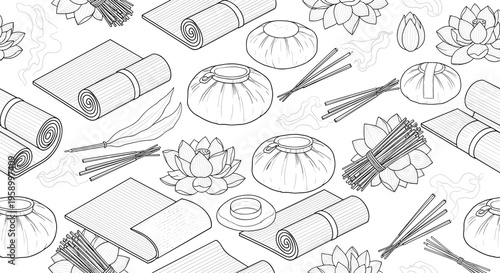 A vector graphic illustration of various sushi food items and utensils in a flat minimalist design