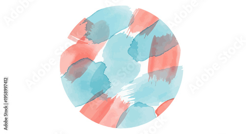 Abstract watercolor circle with coral and teal brush strokes on white background