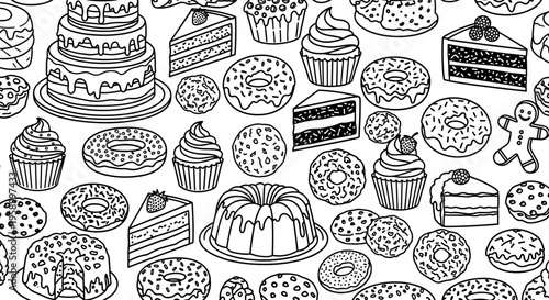 A vector graphic illustration of various desserts in a flat line art style