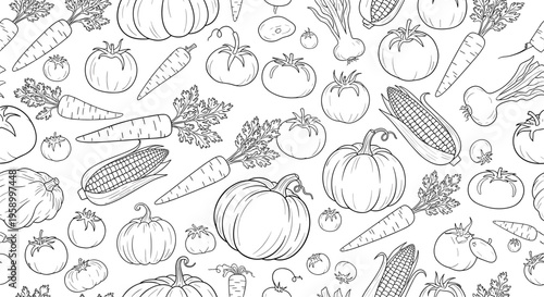 A black and white vector illustration of various vegetables on a white background