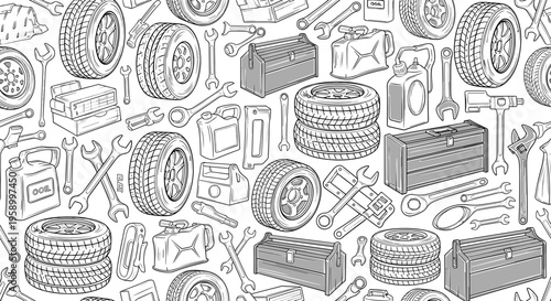 A detailed illustration of various car tools and equipment in a seamless pattern