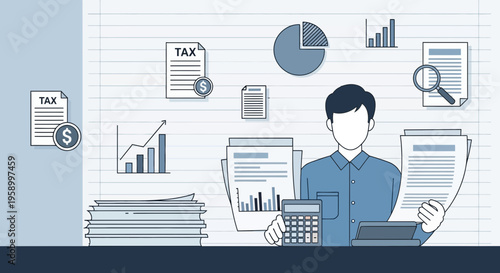 Accountant working with tax documents, charts, and calculator in office
