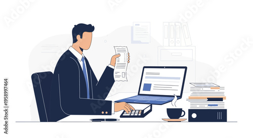 Accountant working at desk with laptop, calculator, and papers