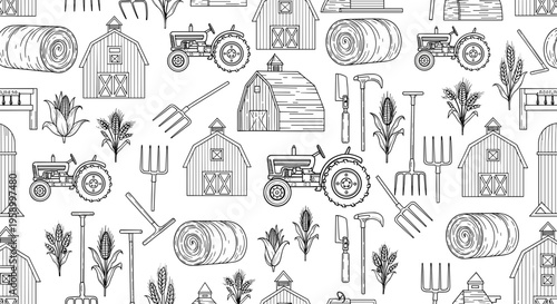 A seamless vector pattern of farm icons and tools in a minimalist line art style
