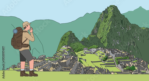 Adventurer photographing ancient Inca ruins of Machu Picchu, Peru, South America