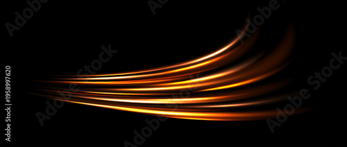 Red orange light trail element. Glowing neon speed line wave. Hot fire color luminous curved path concept. Abstract bent dynamic motion stripes. Shiny fiery streaks for poster, banner, flyer. Vector