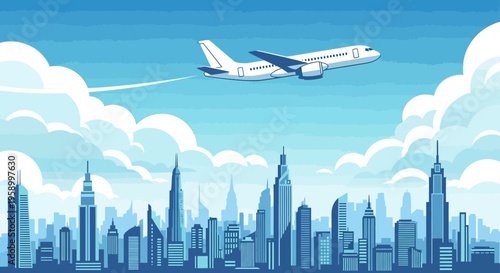 Airplane flying over modern city skyline with clouds and blue sky