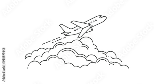 Airplane taking off above clouds, travel and transportation concept, line art illustration