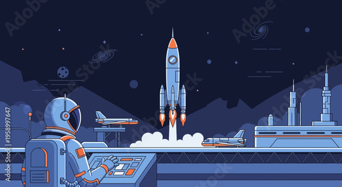 Astronaut launching rocket from space station, pixel art style