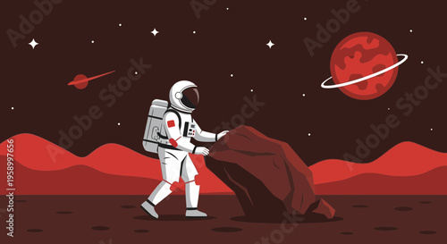 Astronaut pushing rock on Mars with Earth and spaceship in background