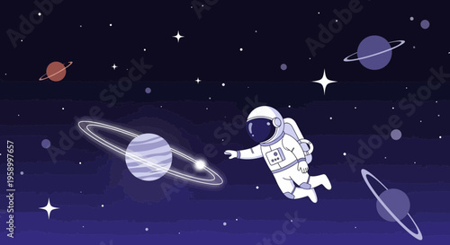 Astronaut Reaching for Planet in Pixel Art Space Scene with Stars and Rings