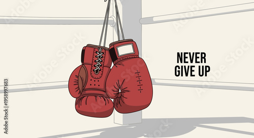 Boxing Gloves Hanging in Ring with "Never Give Up" Motivational Quote