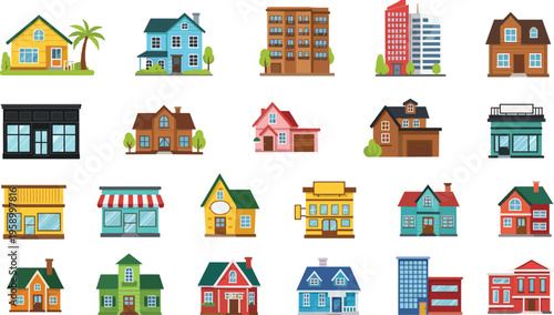 Large collection of flat vector building icons featuring residential houses, suburban homes, urban apartment blocks, commercial office towers, and retail store front shop facades.