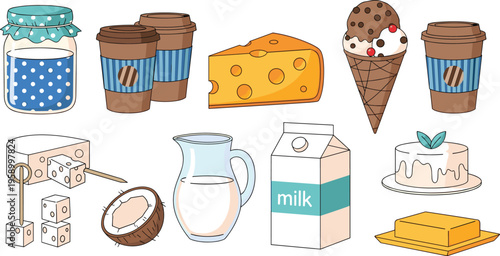 Flat vector illustration set of dairy products and snacks featuring milk cartons, cheese wedges, yogurt jars, coffee cups, ice cream, butter, and coconut milk.