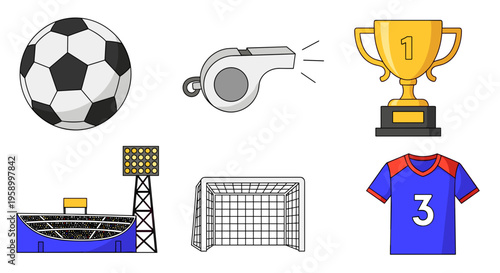 A colorful vector graphic illustration of various soccer symbols and equipment on a white background