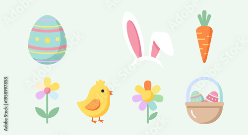 A colorful Easter-themed vector graphic illustration featuring eggs, bunny, and spring flowers