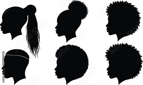 Black Woman Profile Silhouettes Set Featuring Diverse Natural Hairstyles Afro Curls High Bun and Ponytail Isolated on White Background for Beauty and Fashion Design