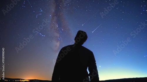 man watches starry night sky in open landscape, silhouetted beneath milky way and falling meteors, expressing solitude, wonder and cosmic curiosity during quiet astronomy observation