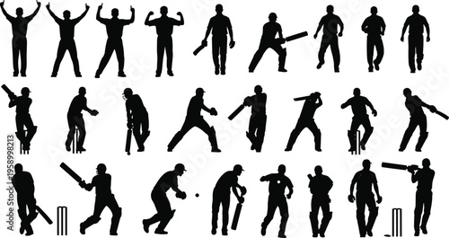 Cricket Player Silhouettes Set Featuring Batsman Hitting Ball Bowler Action Wicketkeeper Stance and Fielder Poses Isolated on White Background for Sports Graphic Design and Competition Illustration