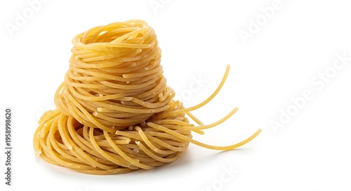 Close up of a nest of uncooked spaghetti pasta on a clean white background