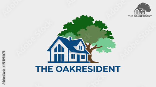 A modern home design highlighted by a large oak tree beside it, symbolizing nature's beauty and harmony with contemporary living in a serene environment.