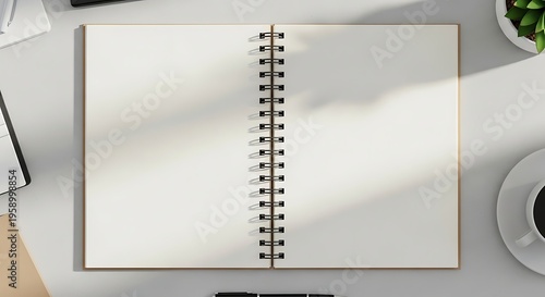 Open spiral notebook on a white desk with coffee and plant top view
