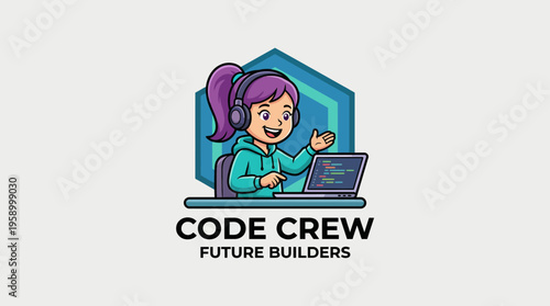 A playful logo featuring a happy child with headphones, engaged in coding at a laptop, representing educational initiatives aimed at future tech builders.