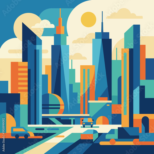 A colorful abstract representation of a city skyline showcasing modern architecture, cultural vibrancy, and the essence of urban life.