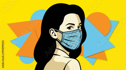 This image features a woman with dark hair wearing a blue patterned face mask against a vibrant yellow background with abstract shapes, capturing a modern take on health consciousness.