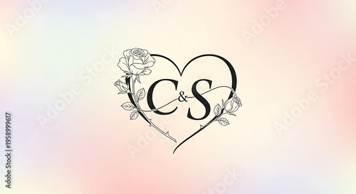 Elegant heart shaped floral monogram with initials on a soft gradient background