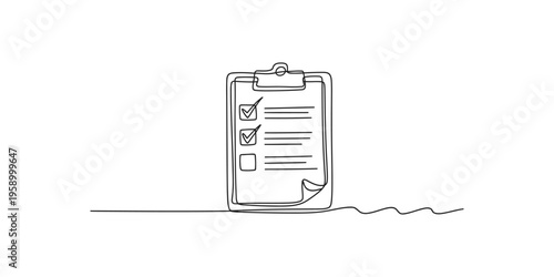 A simple line drawing of a clipboard with a checklist on a white background todo