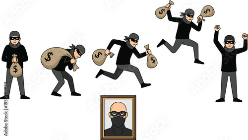 Cartoon Thief Character Vector Set with Robber Stealing Money Bag, Crime Scene Actions, and Criminal Activity Illustration for Security Awareness Design