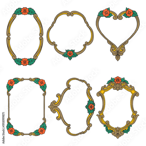 A curated collection of six elegant vintage ornamental frames featuring floral accents and classic decorative curves