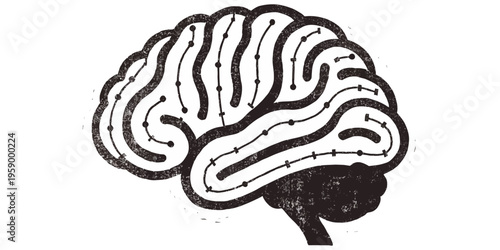 A black and white illustration of a human brain with detailed inner structures and a stitched appearance