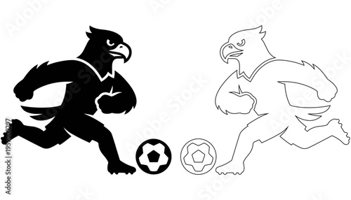 Black and white illustration of eagle running with soccer balls
