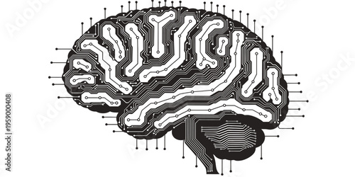 A vector graphic illustration of a brain with circuit board design and microchip details on a white background